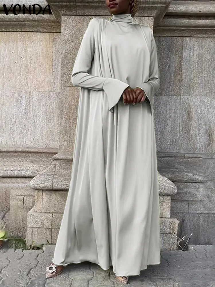 VONDA Women Maxi Dress 2024 Elegant Flared Long Sleeve High Collar Long Robes Casual Solid Color Vestidos Vintage Sundress
