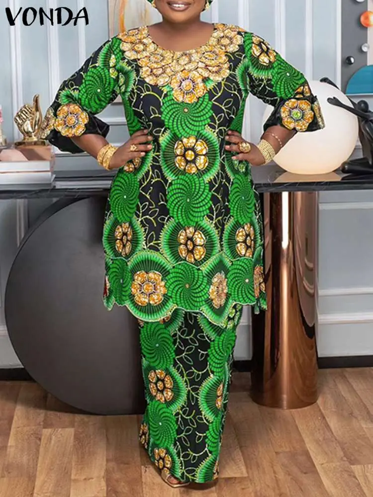 VONDA Women Tops And Skirts Sets 2024 Elegant Party Flare Sleeve Floral Printed Blouse And H Line Maxi Skirts 2Pcs Matching Sets