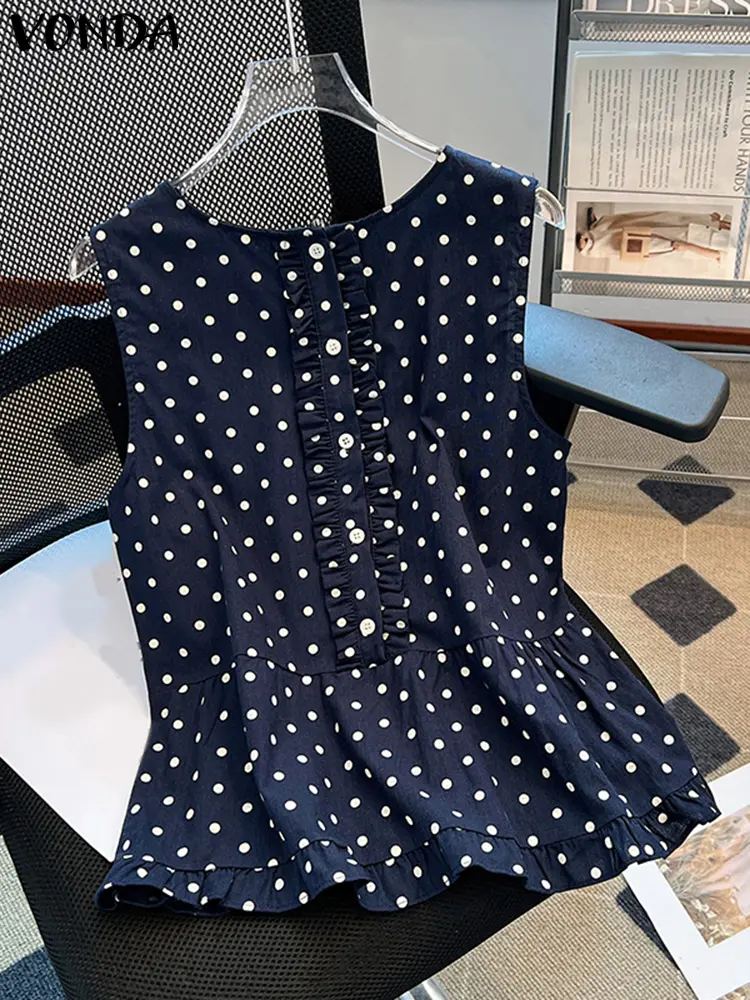 Sleeveless Tops Women Blusas 2025 VONDA Casual Ruffled Polka Dot Tops Bohemian Round Neck Blouse Oversized Holiday Beach Camis