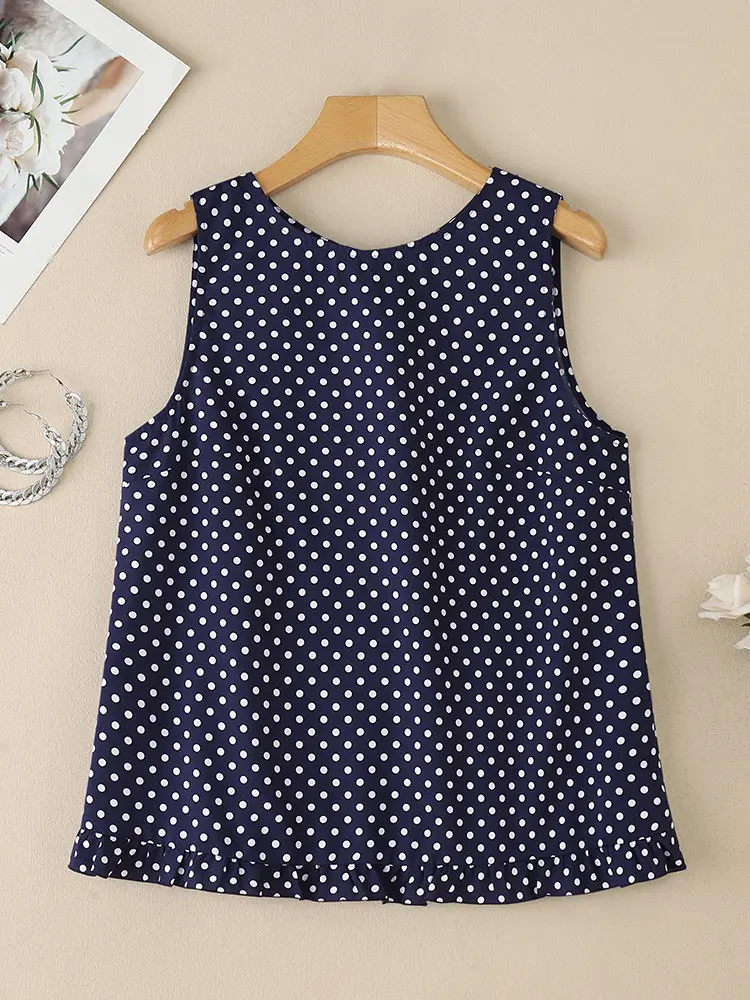 Sleeveless Tops Women Blusas 2025 VONDA Casual Ruffled Polka Dot Tops Bohemian Round Neck Blouse Oversized Holiday Beach Camis
