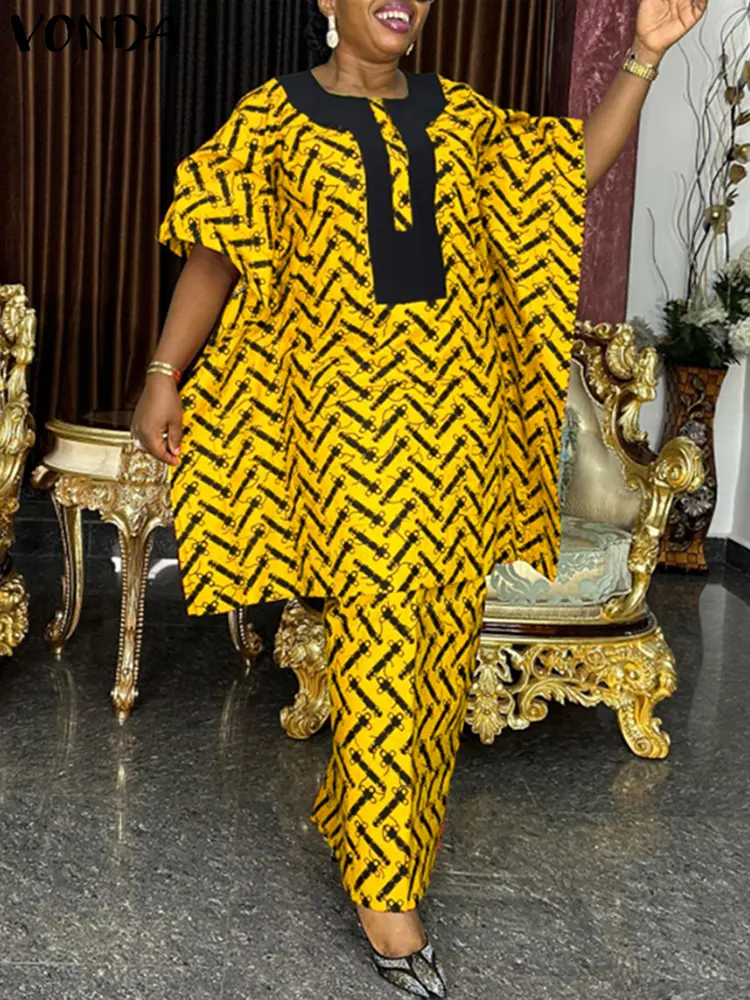 Plus Size 5XL VONDA Women Dress Sets Summer Half Bat Sleeve Vintage Printed Top Elastic Waist Maxi Suits Matching Sets 2PCS