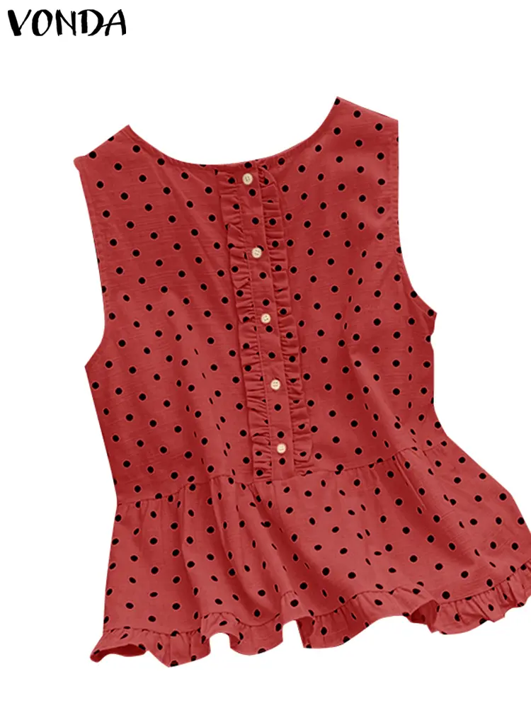 Sleeveless Tops Women Blusas 2025 VONDA Casual Ruffled Polka Dot Tops Bohemian Round Neck Blouse Oversized Holiday Beach Camis