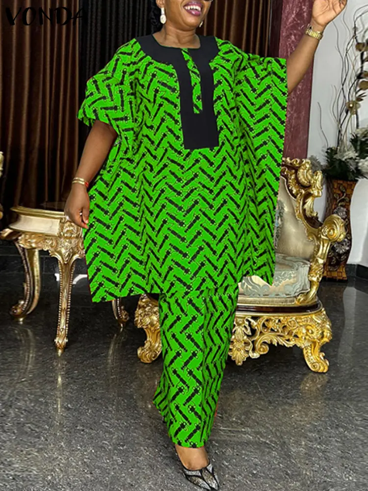 Plus Size 5XL VONDA Women Dress Sets Summer Half Bat Sleeve Vintage Printed Top Elastic Waist Maxi Suits Matching Sets 2PCS