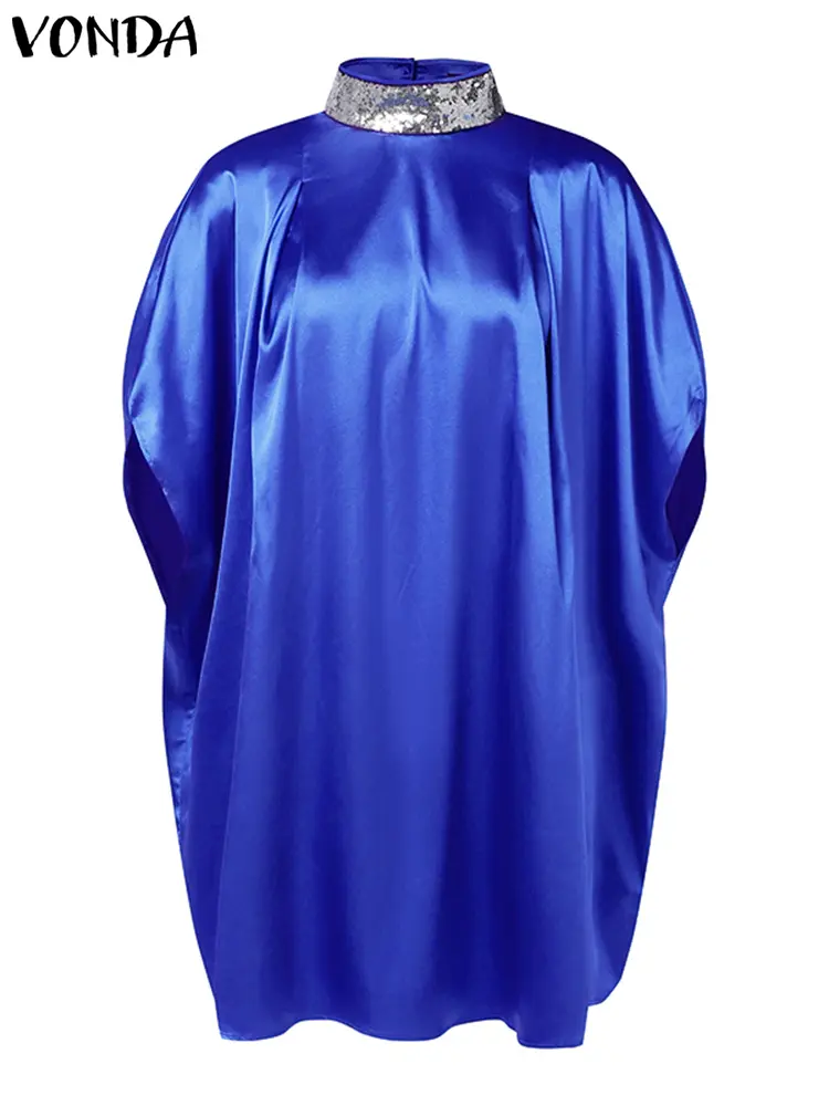 Plus Size VONDA Women Dress Elegant Knee-Length Vestidos Casual Loose High Neck Sundress Oversized Solid Robe Femme
