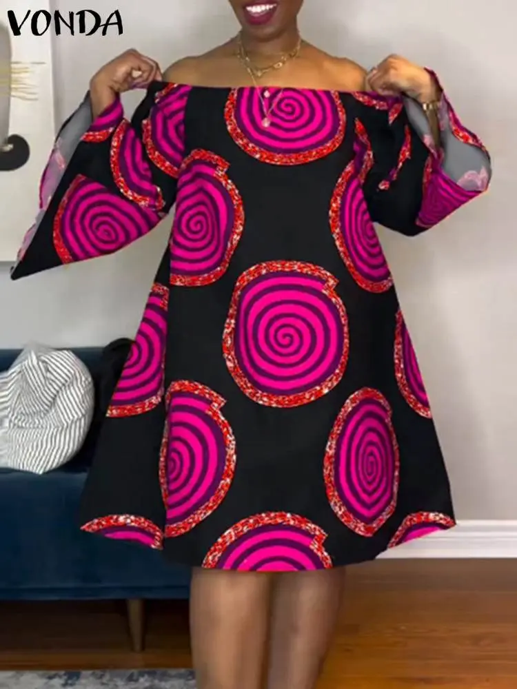 Plus Size Women Summer Dress 2024 VONDA Bohemian Flare Sleeve Printed Party Dress Off Shoulder Sundress Vestido Loose Robe Femme