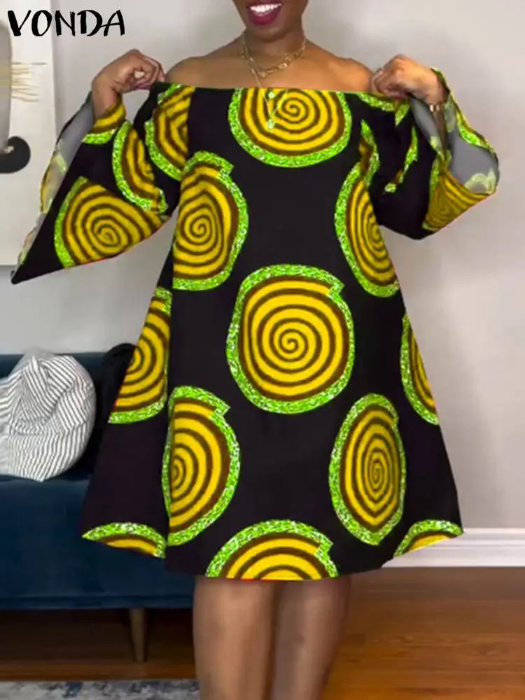 Plus Size Women Summer Dress 2024 VONDA Bohemian Flare Sleeve Printed Party Dress Off Shoulder Sundress Vestido Loose Robe Femme