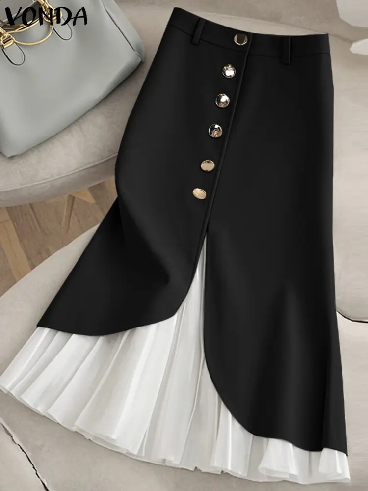 VONDA Women Party Skirts Elegant Lady Work Overskirts 2025 Female Patchwork Buttons Casual Pleated A-Line Bottoms Oversized