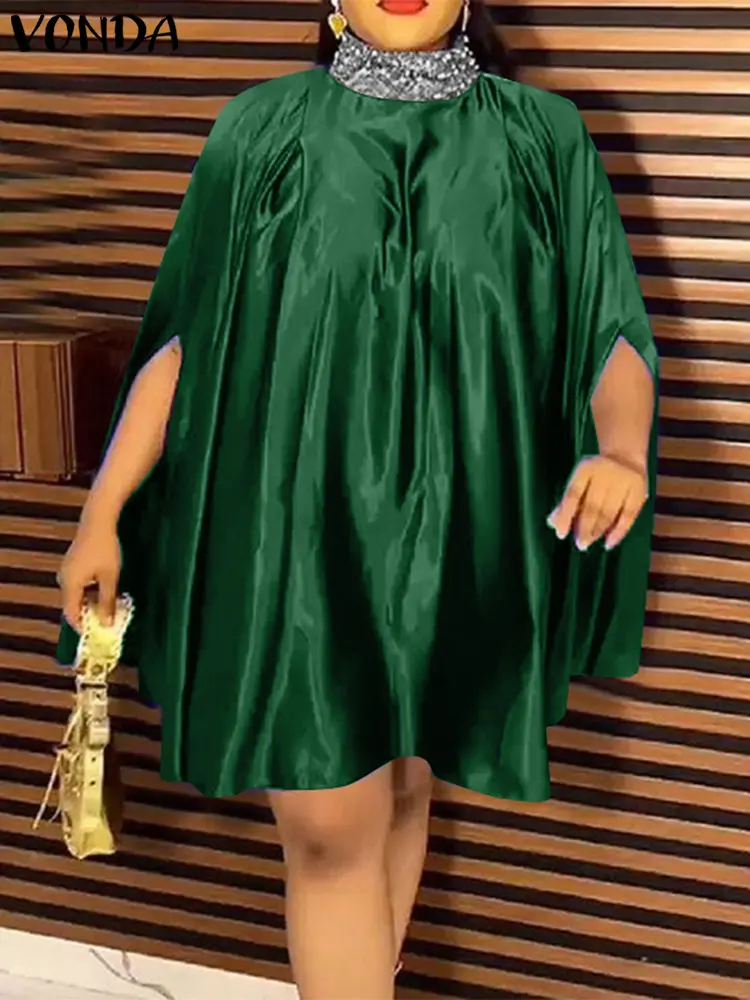 Plus Size VONDA Women Dress Elegant Knee-Length Vestidos Casual Loose High Neck Sundress Oversized Solid Robe Femme