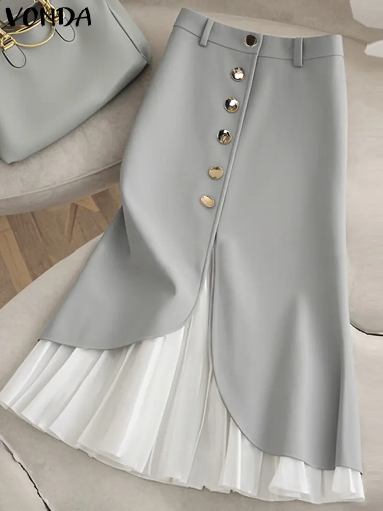 VONDA Women Party Skirts Elegant Lady Work Overskirts 2025 Female Patchwork Buttons Casual Pleated A-Line Bottoms Oversized