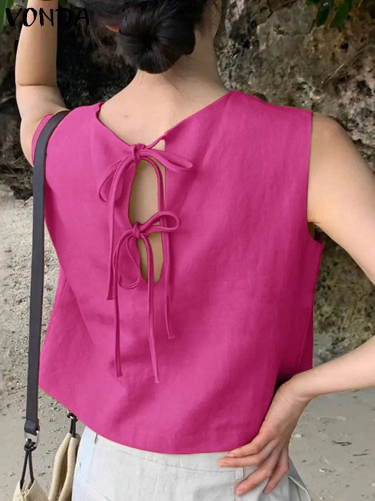 VONDA Women Tank Tops Summer Casual Tees 2025 Sexy Sleeveless Tanks Loose Solid Color Shirts Back Bow Bandage Fashion Blusas