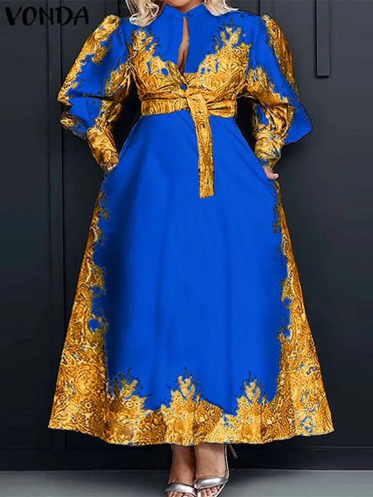 VONDA 2024 Autumn Elegant Dress Women Long Sleeve Belted Printed Bohemian Maxi Sundress Buttons Vintage Casual Robe