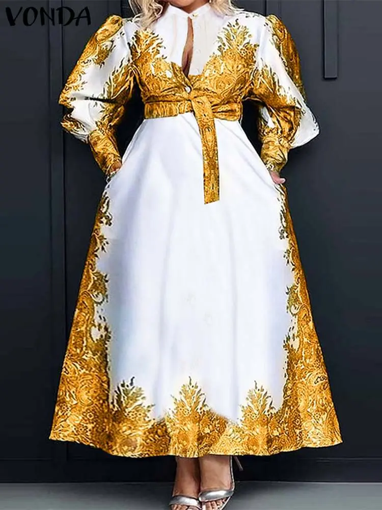 VONDA 2024 Autumn Elegant Dress Women Long Sleeve Belted Printed Bohemian Maxi Sundress Buttons Vintage Casual Robe