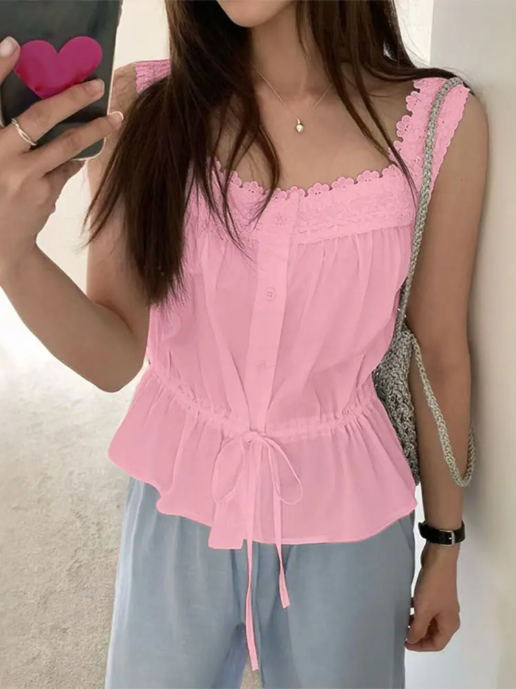 VONDA Elegant Tank Tops Fashion Square Collar Lace Tees 2025 Women Summer Sleeveless Bandage Tunic Top Casual Solid Sweet Blusas