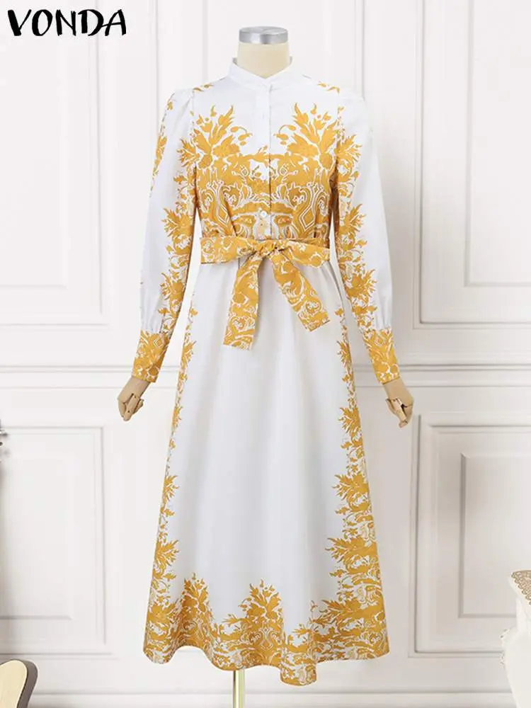 VONDA 2024 Autumn Elegant Dress Women Long Sleeve Belted Printed Bohemian Maxi Sundress Buttons Vintage Casual Robe