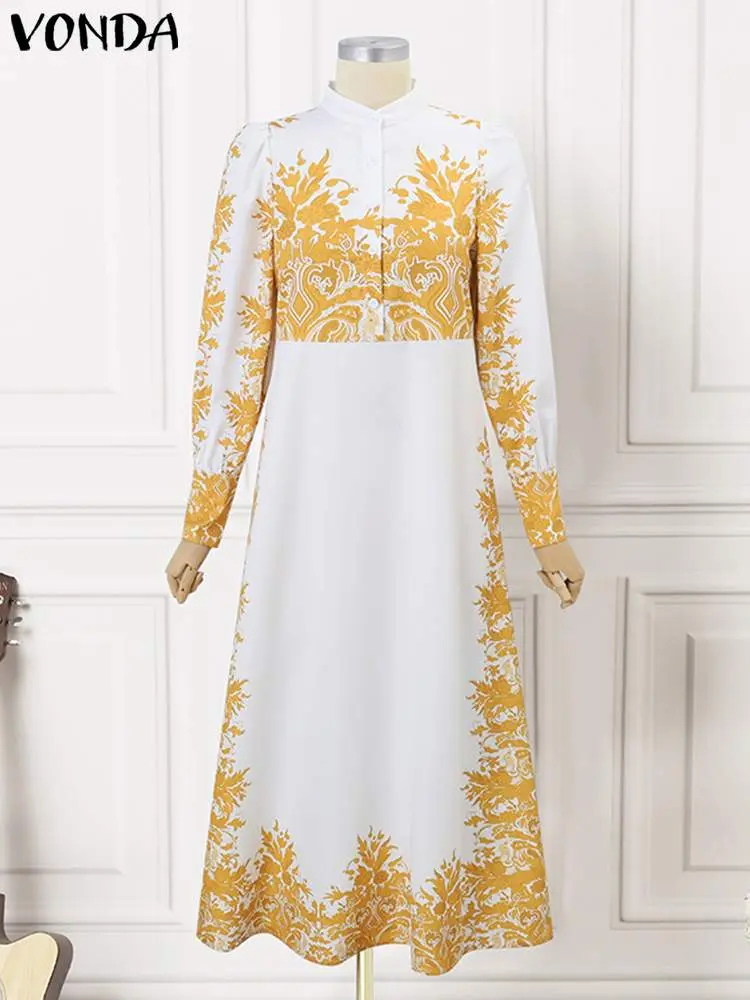 VONDA 2024 Autumn Elegant Dress Women Long Sleeve Belted Printed Bohemian Maxi Sundress Buttons Vintage Casual Robe