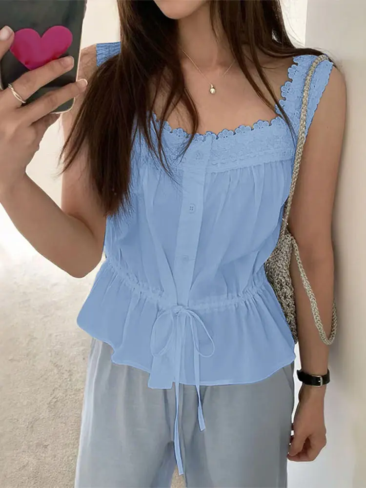VONDA Elegant Tank Tops Fashion Square Collar Lace Tees 2025 Women Summer Sleeveless Bandage Tunic Top Casual Solid Sweet Blusas