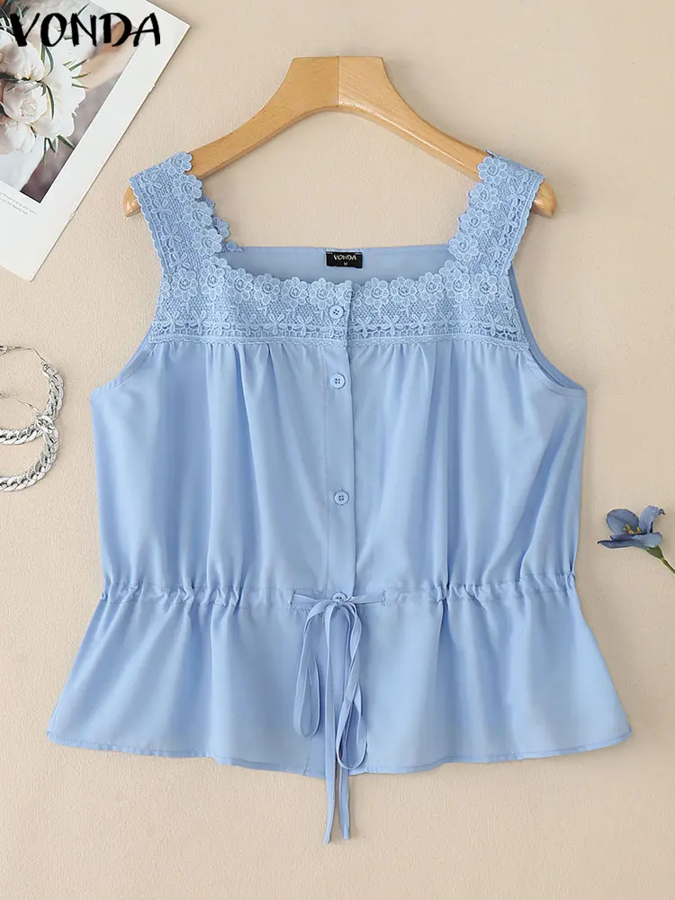 VONDA Elegant Tank Tops Fashion Square Collar Lace Tees 2025 Women Summer Sleeveless Bandage Tunic Top Casual Solid Sweet Blusas