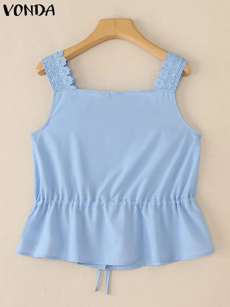 VONDA Elegant Tank Tops Fashion Square Collar Lace Tees 2025 Women Summer Sleeveless Bandage Tunic Top Casual Solid Sweet Blusas