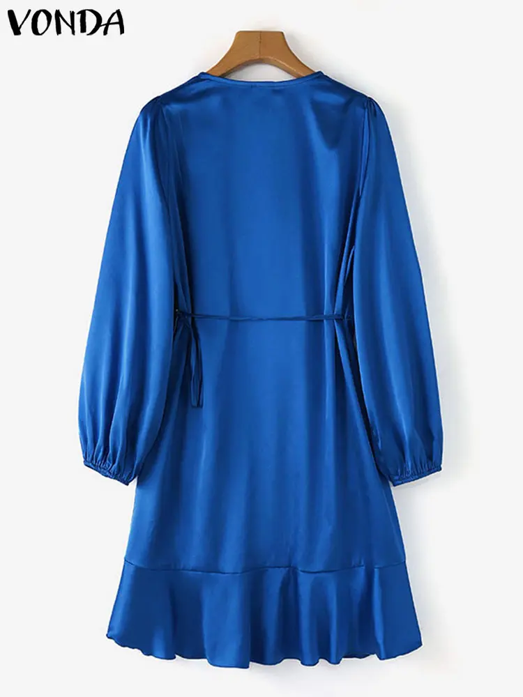 Plus Size 5XL VONDA 2024 Fashion Satin Mini Dress Elegant Women Long Puff Sleeve Vestidos V-Neck Bandage Ruffled Party Sundress