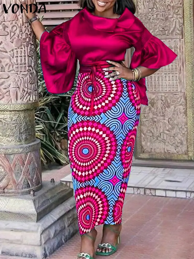 Plus Size 5XL VONDA Satin Dress Sets Elegant Women Lapel Flare Sleeve Bohemian Printed Sets Summer Casual Loose 2pcs Suits
