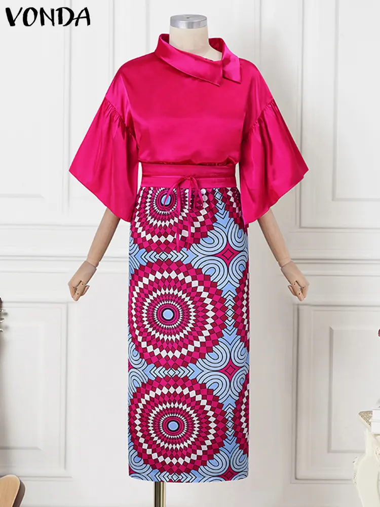 Plus Size 5XL VONDA Satin Dress Sets Elegant Women Lapel Flare Sleeve Bohemian Printed Sets Summer Casual Loose 2pcs Suits