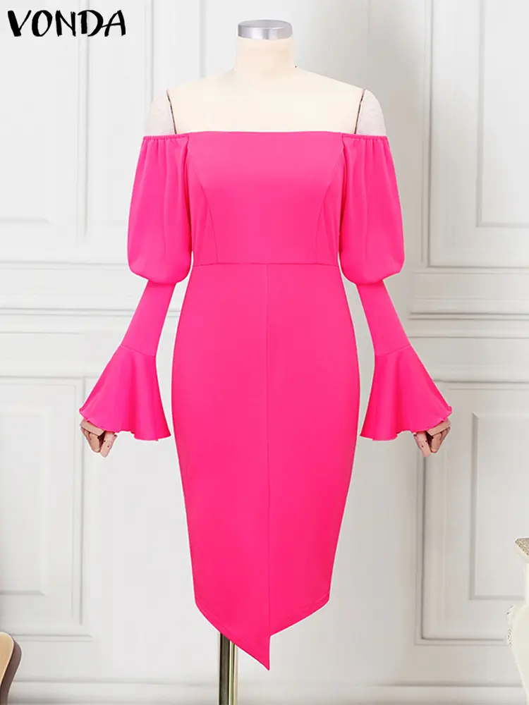 VONDA 2024 Women Autumn Ruffle Long Sleeve Dress Casual Knee-length Office Sundress Off The Sholuder Robe Simple Elegant Vestido