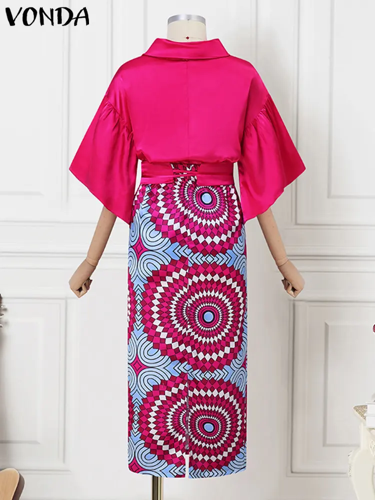 Plus Size 5XL VONDA Satin Dress Sets Elegant Women Lapel Flare Sleeve Bohemian Printed Sets Summer Casual Loose 2pcs Suits
