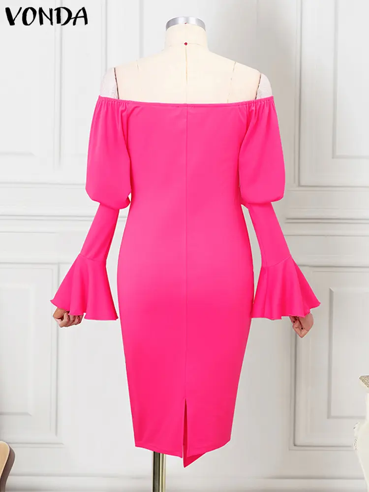 VONDA 2024 Women Autumn Ruffle Long Sleeve Dress Casual Knee-length Office Sundress Off The Sholuder Robe Simple Elegant Vestido