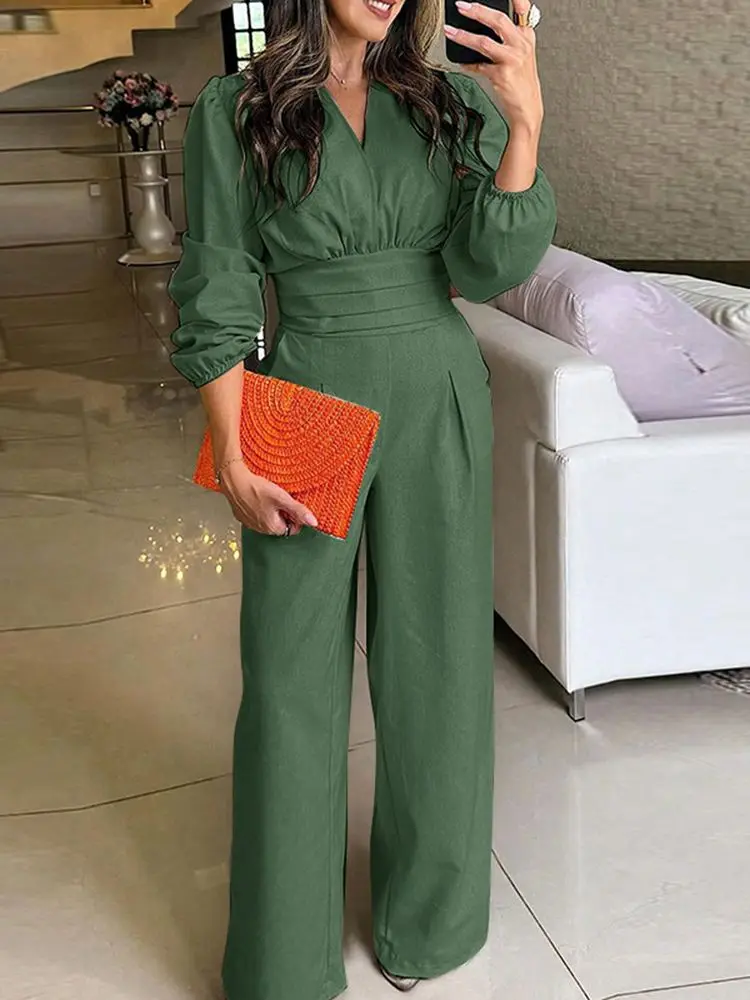 VONDA Women Autumn Romper Fashion Vintage Solid Color Long Sleeve V-neck Wide Leg Jumpsuits Lantern Sleeve High Waist Playsuits
