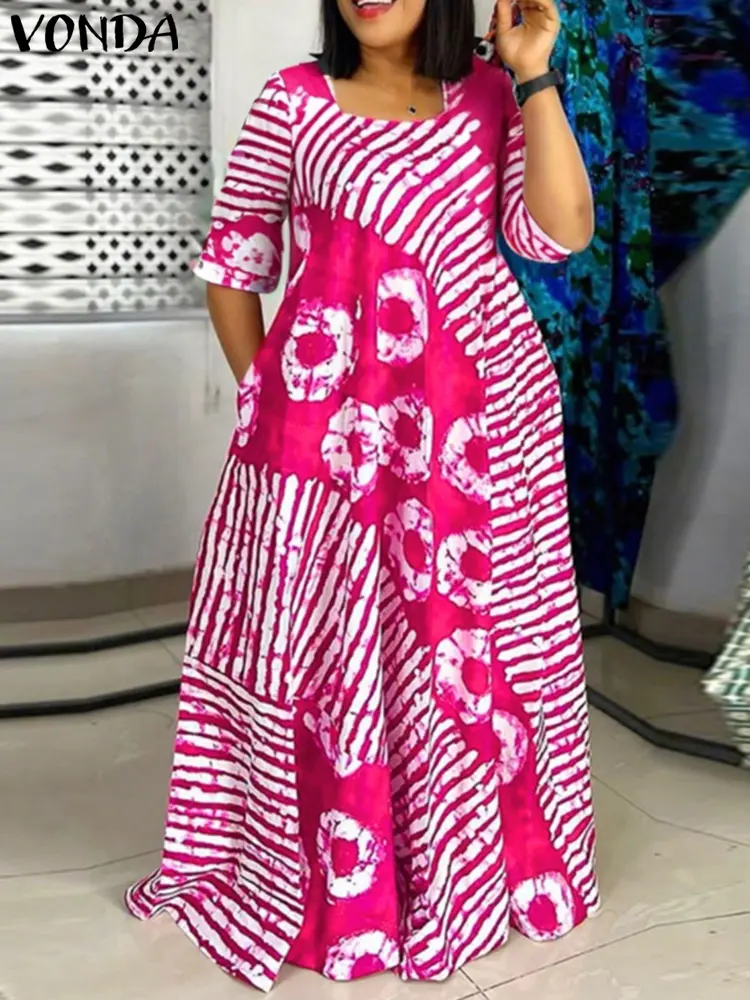 VONDA Women Summer Party Maxi Dress Bohemian Printed Long Sundress Beach Vestidos 2025 Half Sleeve Casual Loose Robe Oversized
