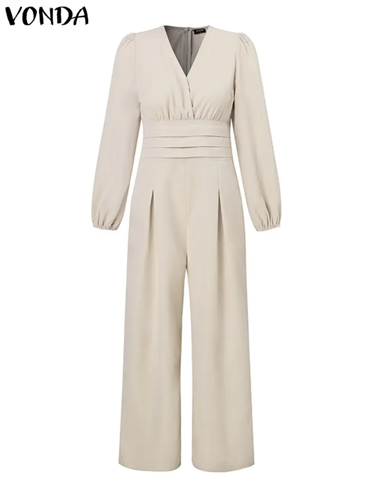 VONDA Women Autumn Romper Fashion Vintage Solid Color Long Sleeve V-neck Wide Leg Jumpsuits Lantern Sleeve High Waist Playsuits