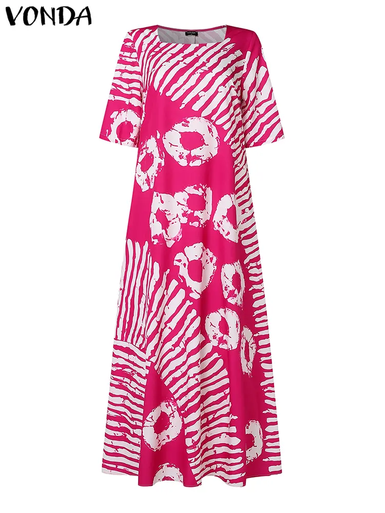 VONDA Women Summer Party Maxi Dress Bohemian Printed Long Sundress Beach Vestidos 2025 Half Sleeve Casual Loose Robe Oversized