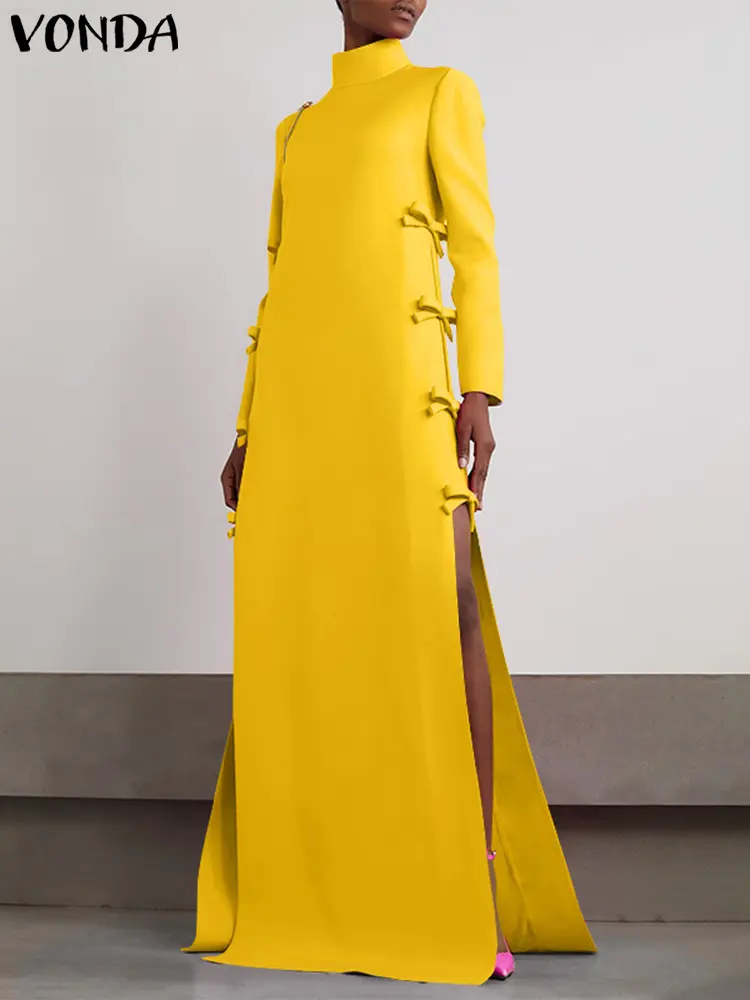 VONDA Women Robes Long Maxi Dress 2024 Elegant Chinese Style Bownot Stand Collar Party Slit Sundress Vintage Solid Vestidos
