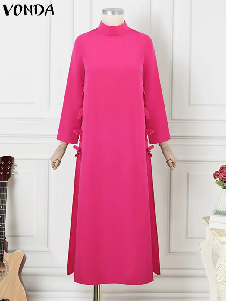 VONDA Women Robes Long Maxi Dress 2024 Elegant Chinese Style Bownot Stand Collar Party Slit Sundress Vintage Solid Vestidos