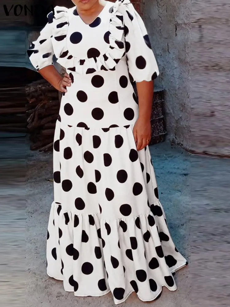 VONDA Women Bohemian Dress Dot Printed Sundress 2025 Summer Party V-Neck Holiday Ruffled Vestidos Casual Loose Oversized Robe