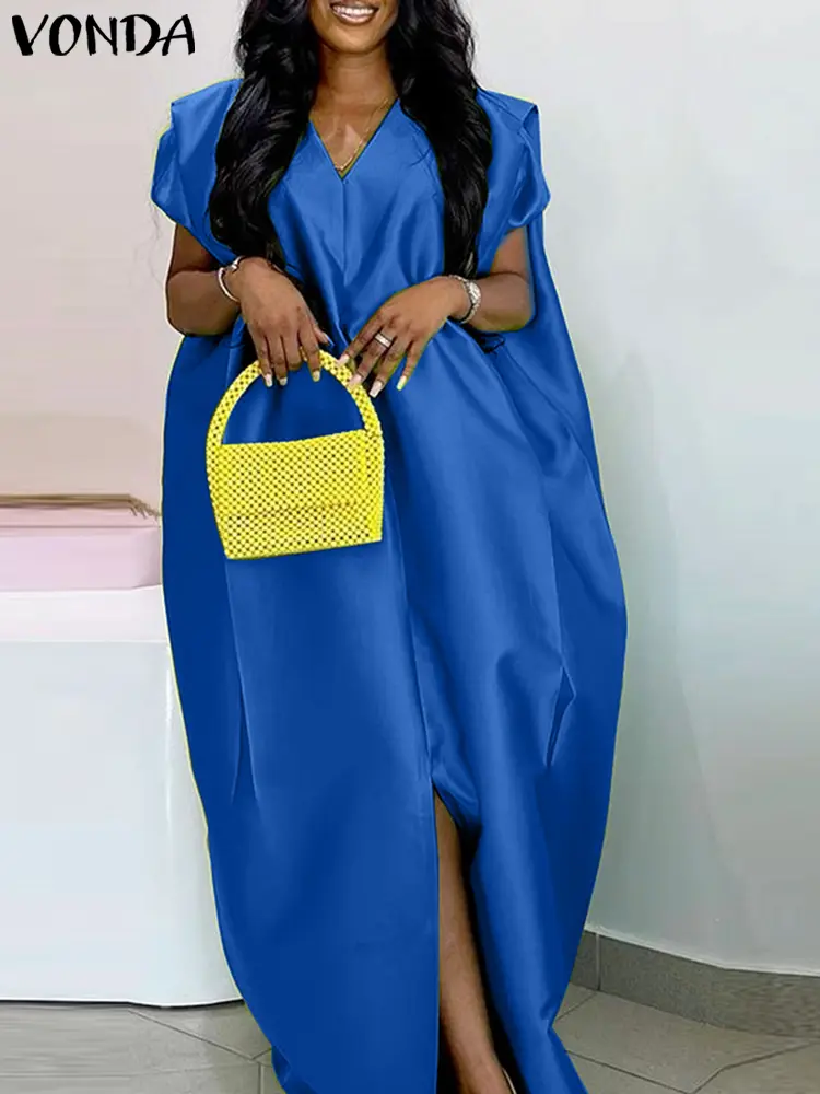 VONDA Women Summer Maxi Dress 2025 Bohemian Split Long Sundress Sexy V-Neck Short Sleeve Casual Solid Loose Party Satin Robe