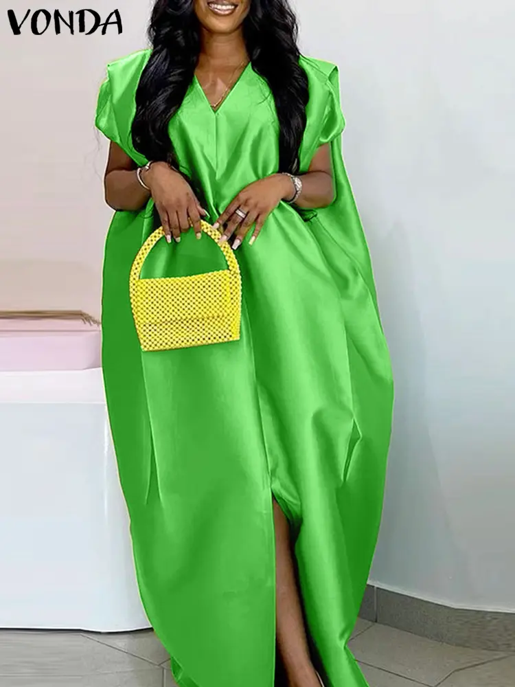 VONDA Women Summer Maxi Dress 2025 Bohemian Split Long Sundress Sexy V-Neck Short Sleeve Casual Solid Loose Party Satin Robe