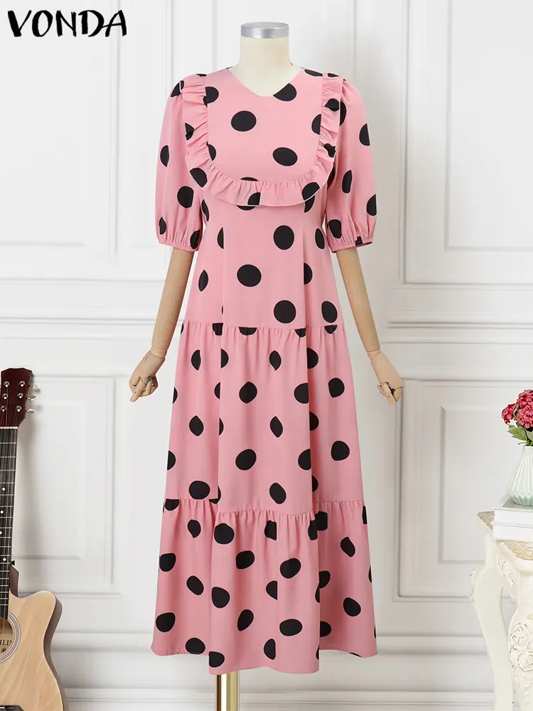VONDA Women Bohemian Dress Dot Printed Sundress 2025 Summer Party V-Neck Holiday Ruffled Vestidos Casual Loose Oversized Robe