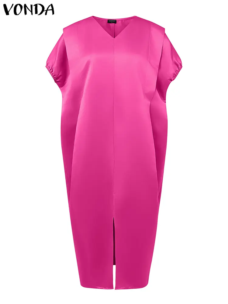 VONDA Women Summer Maxi Dress 2025 Bohemian Split Long Sundress Sexy V-Neck Short Sleeve Casual Solid Loose Party Satin Robe