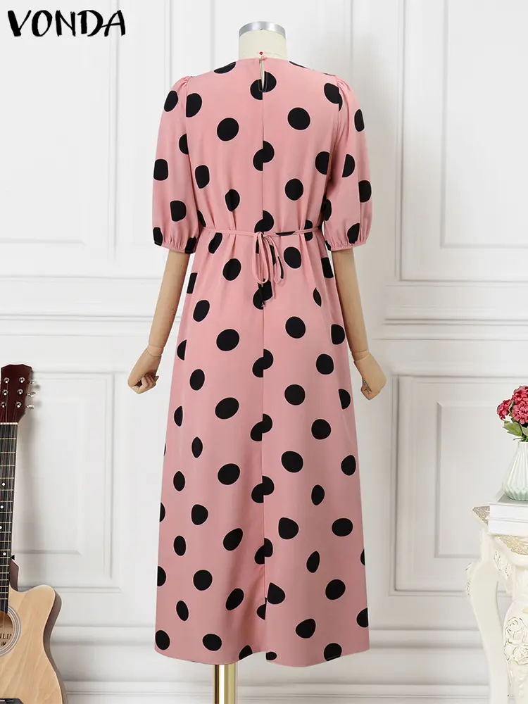 VONDA Women Bohemian Dress Dot Printed Sundress 2025 Summer Party V-Neck Holiday Ruffled Vestidos Casual Loose Oversized Robe