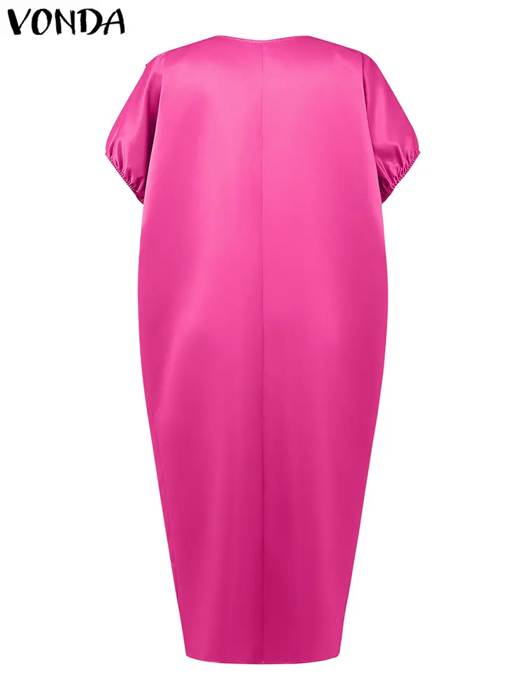 VONDA Women Summer Maxi Dress 2025 Bohemian Split Long Sundress Sexy V-Neck Short Sleeve Casual Solid Loose Party Satin Robe