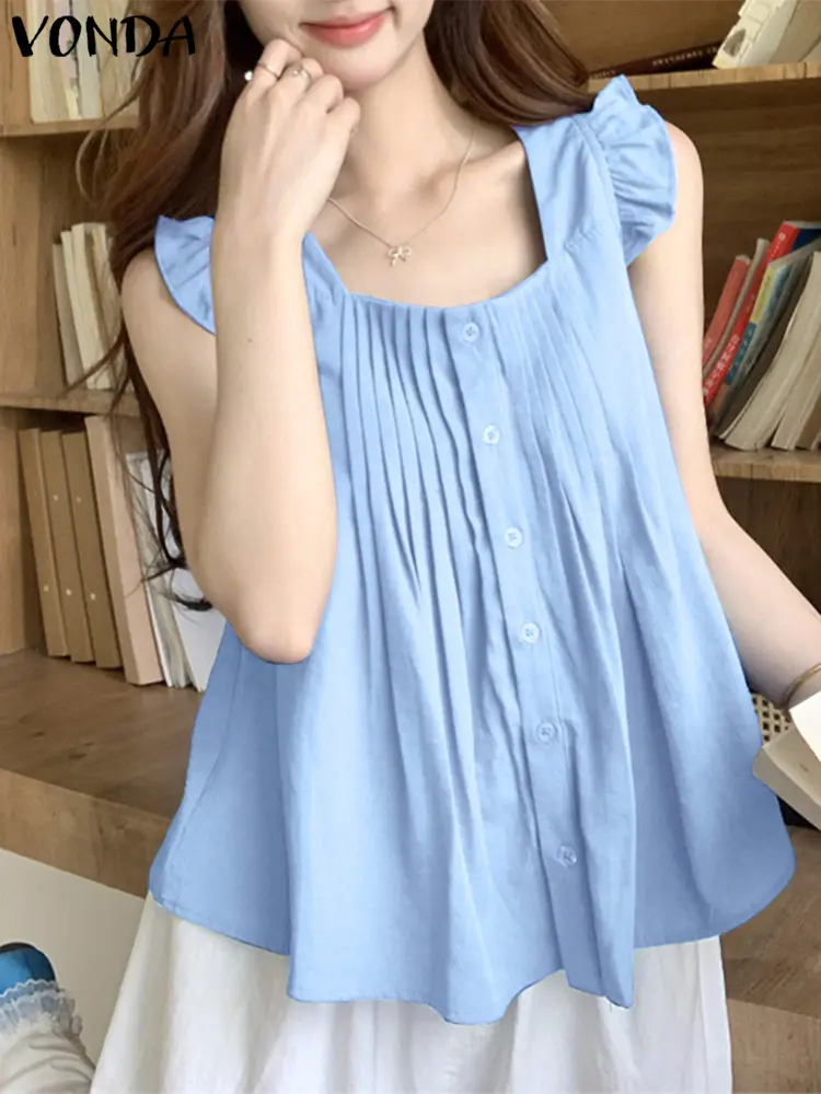 VONDA Tank Tops Solid Color Blusas Women Summer Sleeveless Tees 2025 Casual Buttons Tunics Pleated Oversize Loose Blouses