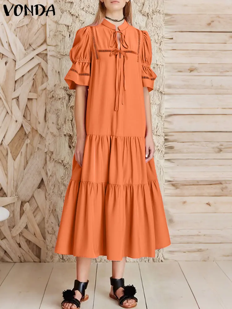 2025 Summer Women Sundress VONDA Elegant Long Dress Fashion Ruffled Short Sleeve Party Vestidos Lace-up Hollow Out Solid Robe