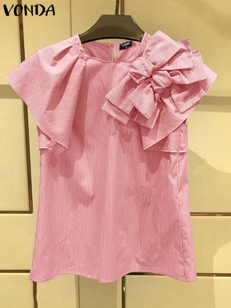 VONDA Office WorkBlouse Women Striped Shirts Female Vintage Bow Tops 2025 Casual Loose O Neck Fly-ing Sleeve Blusas Chemise