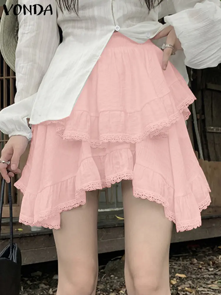 VONDA Sweety Mini Skirts 2024 Fashion Summer Women Casual Ruffles Lacing Splicing Overskirts Elastic Waist Layered Skirts