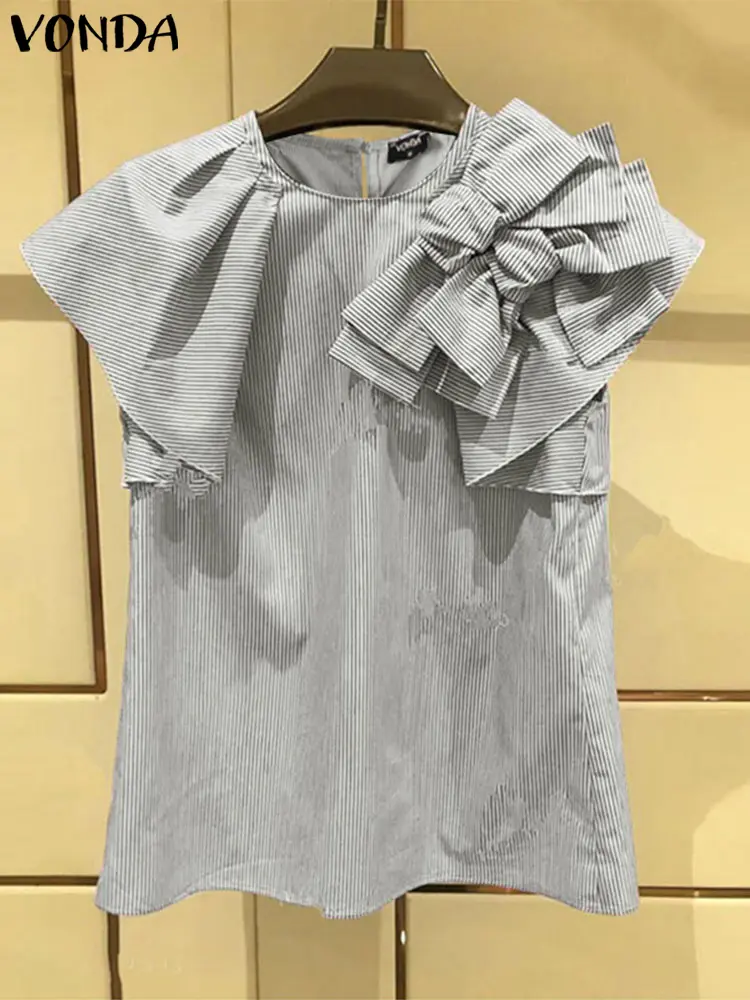 VONDA Office WorkBlouse Women Striped Shirts Female Vintage Bow Tops 2025 Casual Loose O Neck Fly-ing Sleeve Blusas Chemise