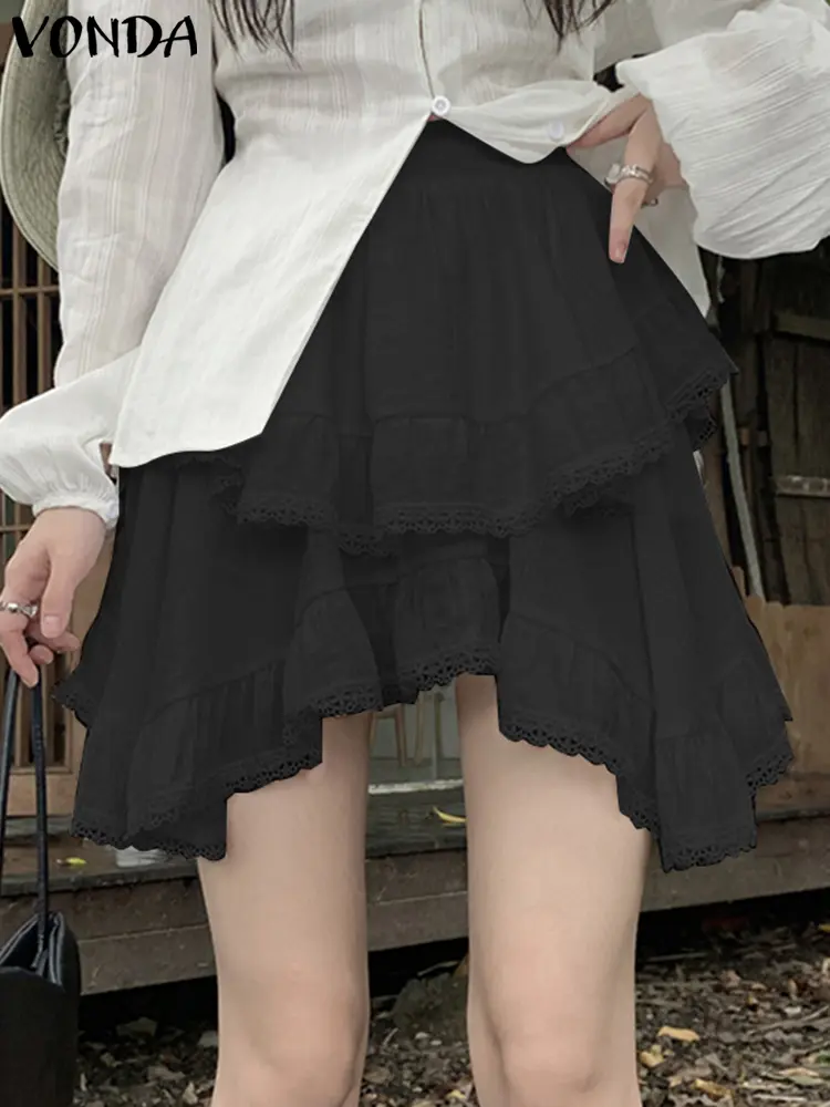 VONDA Sweety Mini Skirts 2024 Fashion Summer Women Casual Ruffles Lacing Splicing Overskirts Elastic Waist Layered Skirts