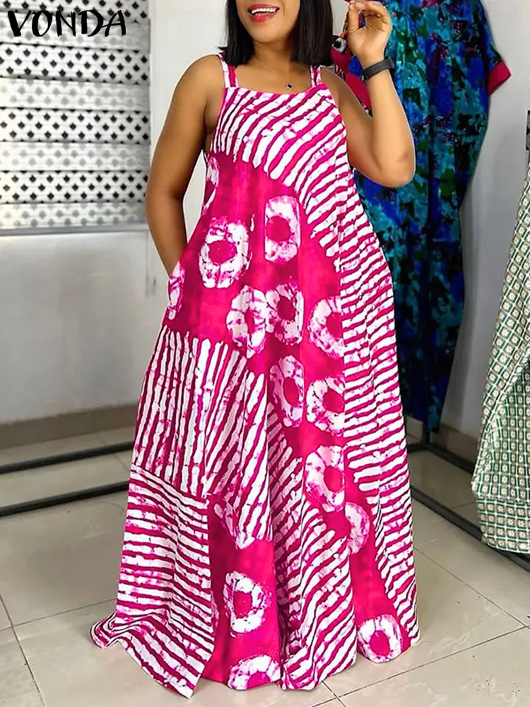 VONDA Women Summer Long Maxi Dress 2024 Sexy Sleeveless Printing Party Tank Sundress Long Vestidos Casual Loose Robe Oversize