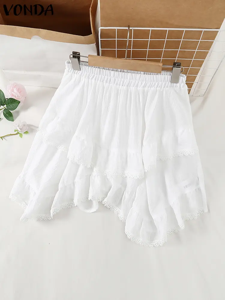VONDA Sweety Mini Skirts 2024 Fashion Summer Women Casual Ruffles Lacing Splicing Overskirts Elastic Waist Layered Skirts