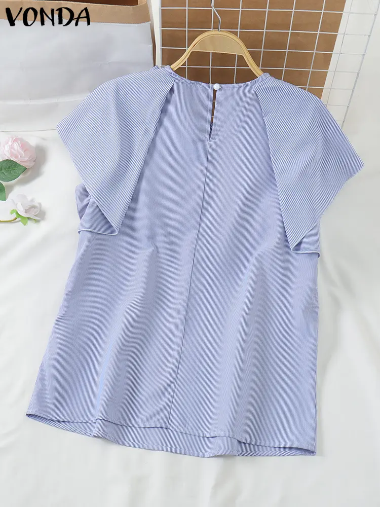 VONDA Office WorkBlouse Women Striped Shirts Female Vintage Bow Tops 2025 Casual Loose O Neck Fly-ing Sleeve Blusas Chemise